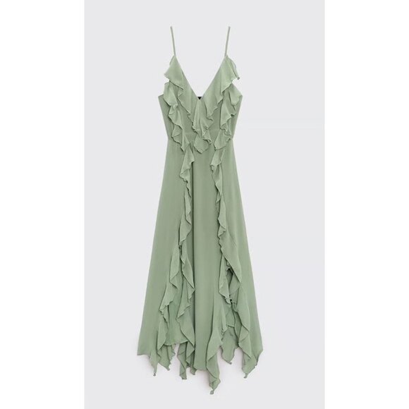 NWT ZARA Sea Green Chiffon Ruffle Cascading Long V-Neck Maxi Dress, Size L - Picture 14 of 15